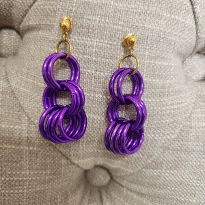 Shimmer Purple Metal Circle Dangle Shiny Earrings 80's 90's